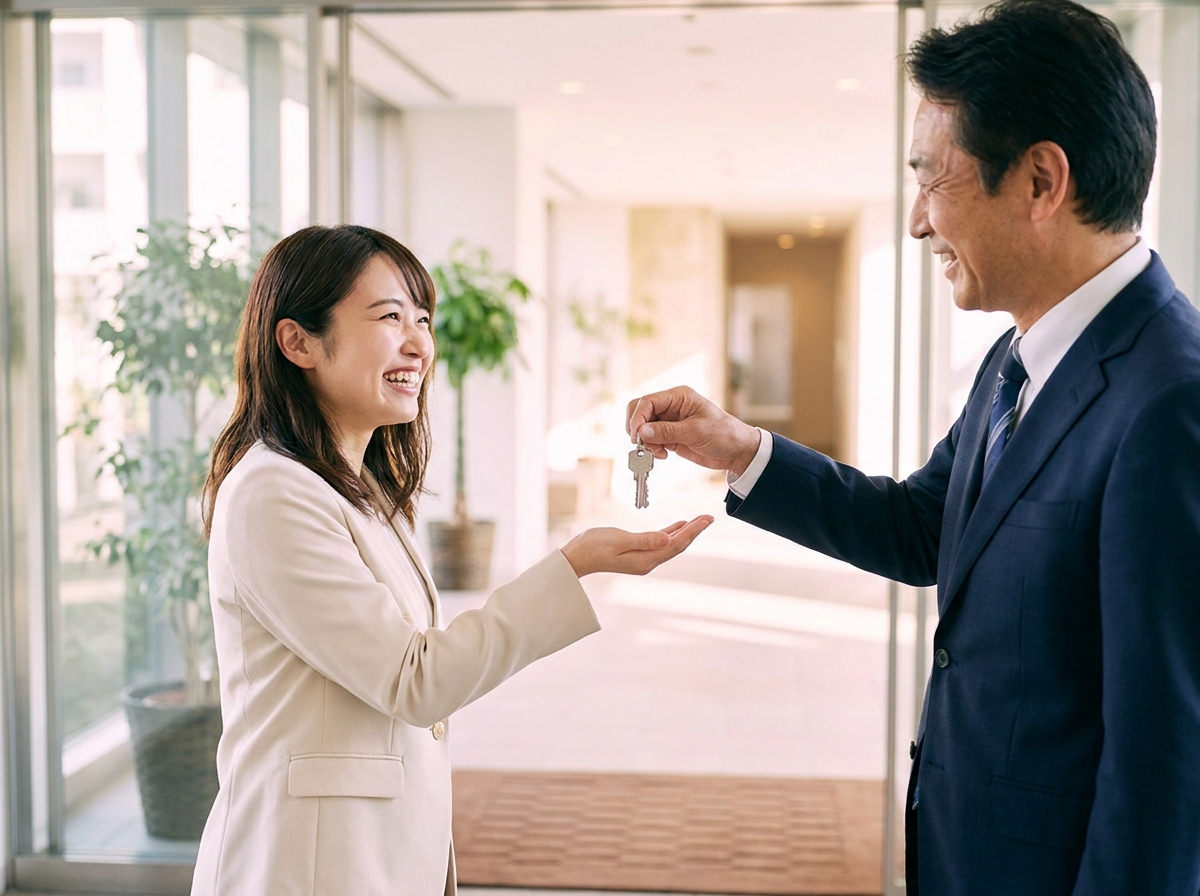鍵を受け取り、新居との出会いを喜ぶ女性